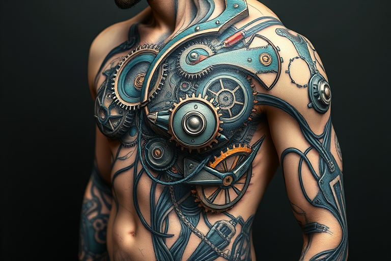 Biomechanical tattoo titled "Cyber Fusion" merging hyper-realistic mechanical components with organic forms seamlessly blending gears wires and circuitry with human anatomy in a futuristic and visually striking manner