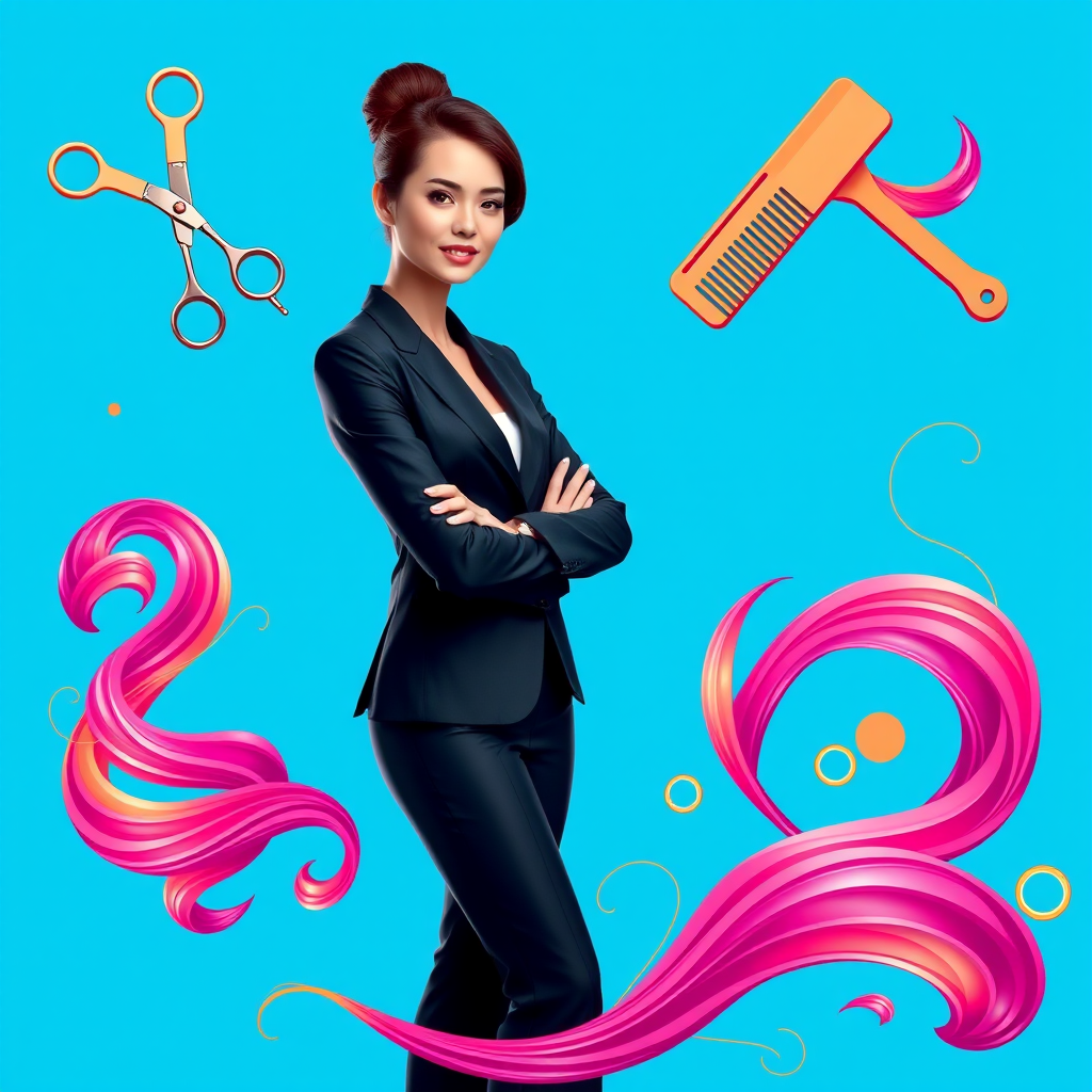 Create a vibrant digital illustration of a professional woman in a sleek black suit standing confidently with arms crossed against a bright blue background, incorporating intricate graphics of hairdressing scissors, a comb, and flowing hair designs, shot in a high-resolution format with a Canon EOS R5 at f/2.8, ISO 100, 1/125 sec, using a portrait view and a studio lighting setup to enhance color and detail.