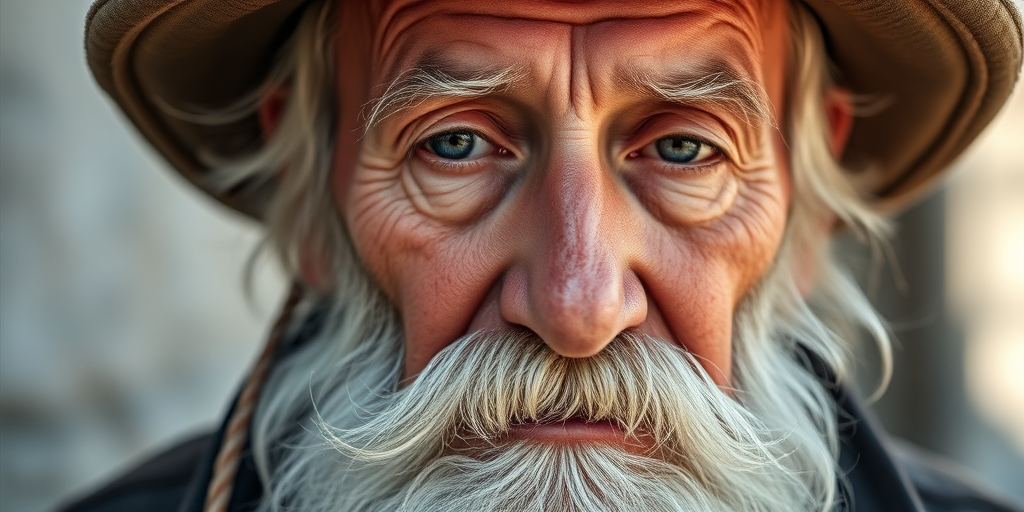 Create a close-up portrait of an elderly man with a long white beard and a hat, capturing intricate facial details and expressions, using a Canon EOS R5 camera, 85mm f/1.2 lens, aperture set to f/1.2 for shallow depth of field, natural light for soft illumination, and taken at eye level to enhance connection.