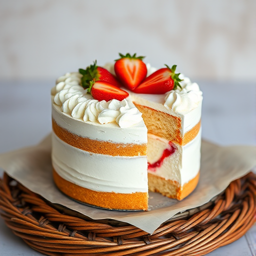 A beautifully layered cake with whipped cream and fresh strawberries on top, showcasing a slice cut out to reveal creamy filling, placed on a wicker tray with parchment paper, against a soft, natural background.