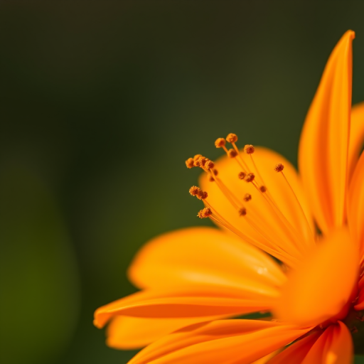 Capture a close-up of an orange flower with soft blurred background, natural light, f/2.8 aperture, ISO 100, shutter speed 1/200 sec, using a macro lens on a DSLR camera for enhanced detail and color vibrancy.