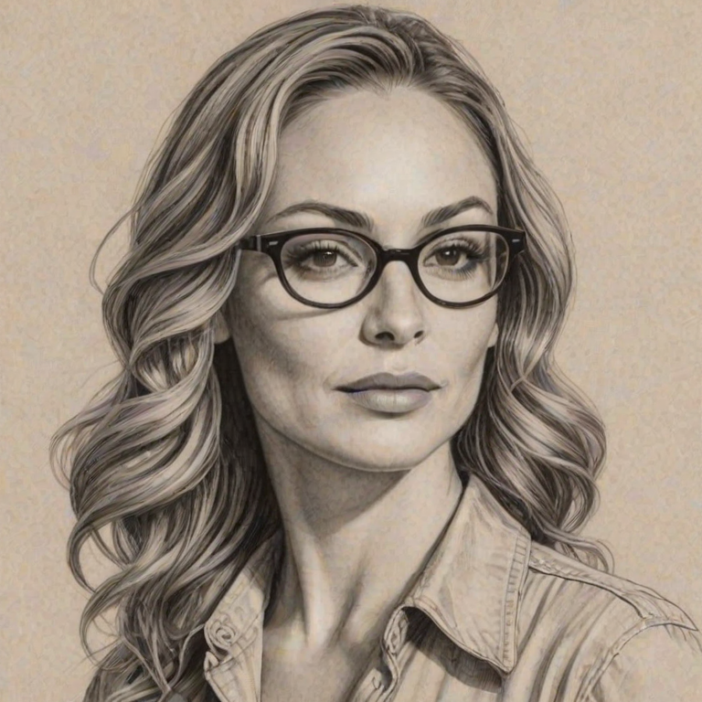 Gorgeous Drea de Matteo, pencil sketch, portrait of Lovely woman 1940s in glasses, hair style beatnik, outline, clear lines, fine lines, 8k