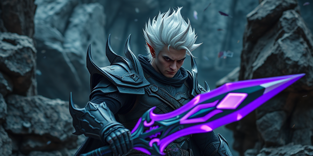Create an image of a fantasy character with spiky white hair and a fierce expression, wearing dark armor adorned with spikes, holding a glowing purple weapon, standing in a dramatic rocky environment with shards flying around, using a DSLR camera with a 50mm lens, aperture f/1.8, ISO 100, and low-angle shot to enhance details and color vibrancy.