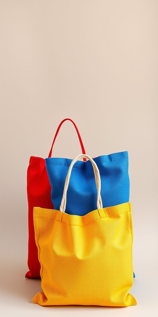 Create an image of three reusable jute bags in red, blue, and yellow, positioned upright on a neutral background, use a DSLR camera with a 50mm lens, aperture f/2.8, ISO 100, and 1/125s shutter speed, with soft natural lighting to enhance texture and color vibrancy.