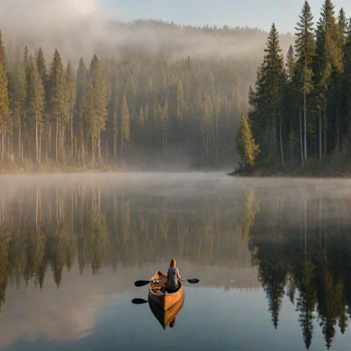 Serene lakeside retreat, with tall trees reflected in the still water, a woman sits in a wooden canoe, paddling slowly across the lake as the morning mist rises around her.