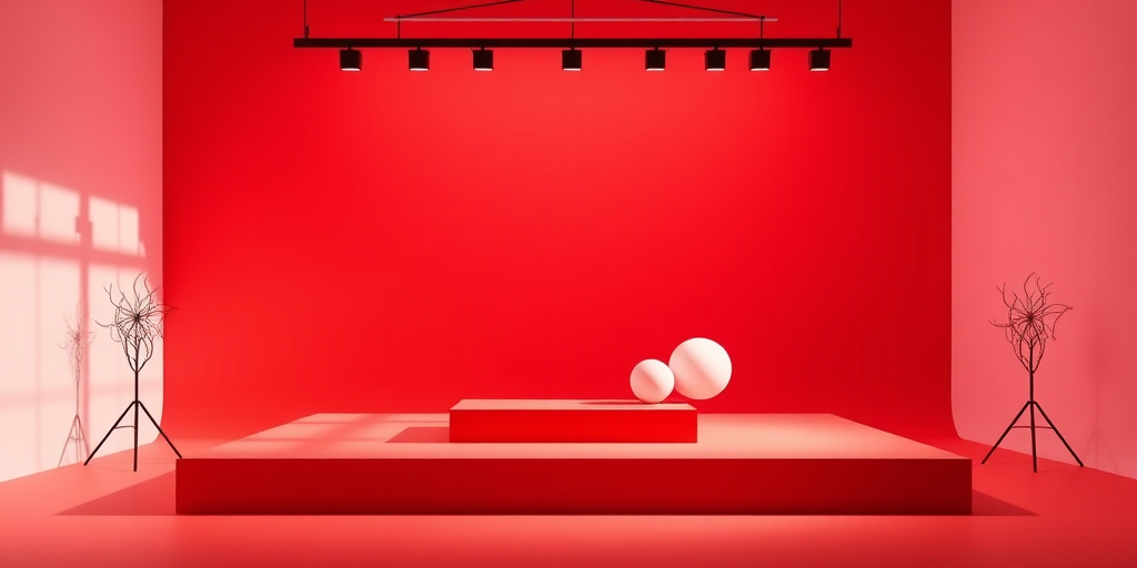 create a minimalistic studio set with a vibrant red background and a raised platform featuring geometric shapes, focal length 35mm, aperture f/8, ISO 100, overhead lighting, taken with a DSLR camera in landscape orientation