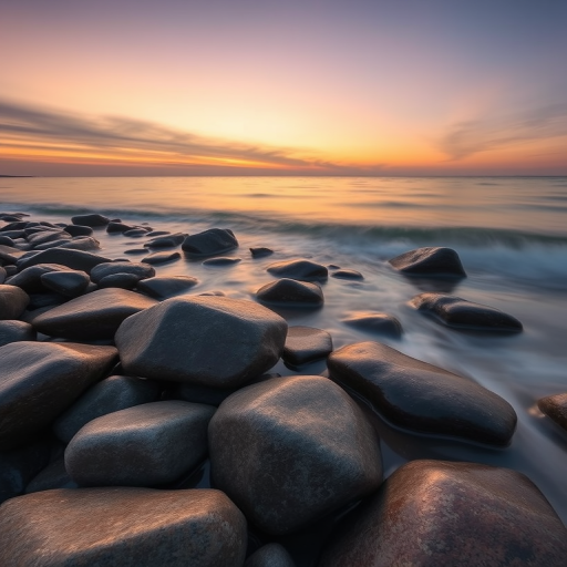 Create a serene seascape featuring smooth rocks on the shore with gentle waves, captured at sunset, using a Canon EOS R5, 24mm lens, f/11 aperture, 1/5s shutter speed, ISO 100, with a long exposure to create smooth water effects and a balanced composition.
