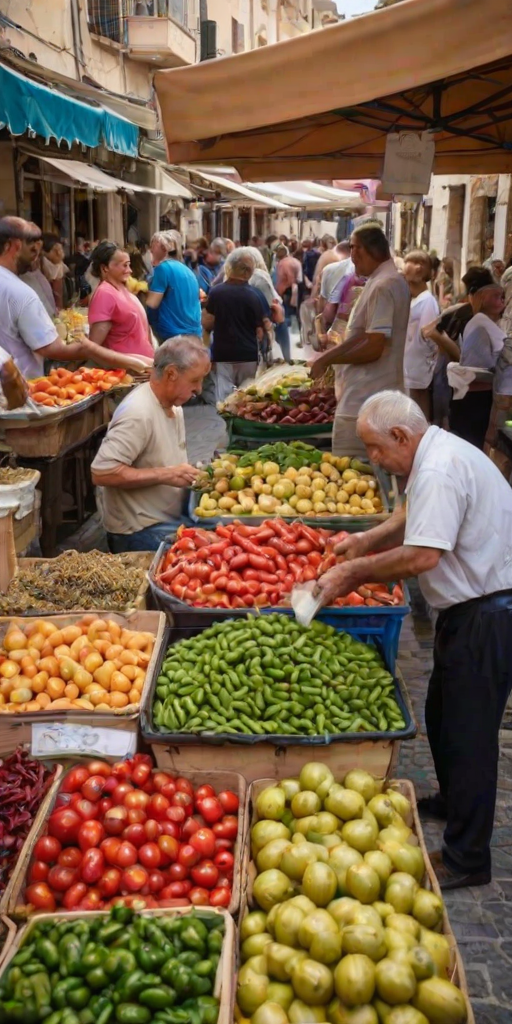 Bustling open-air market in a Mediterranean town, fresh produce piled high, the smell of olive oil and spices in the air, and locals bargaining with vendors.