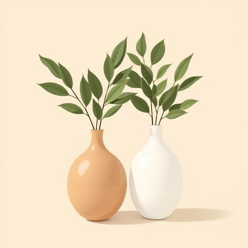 Create a digital illustration of two abstract vases with leaves, soft beige background, use high-resolution settings, 50mm lens, f/2.8 aperture, natural lighting, top-down view, modern minimalist style.
