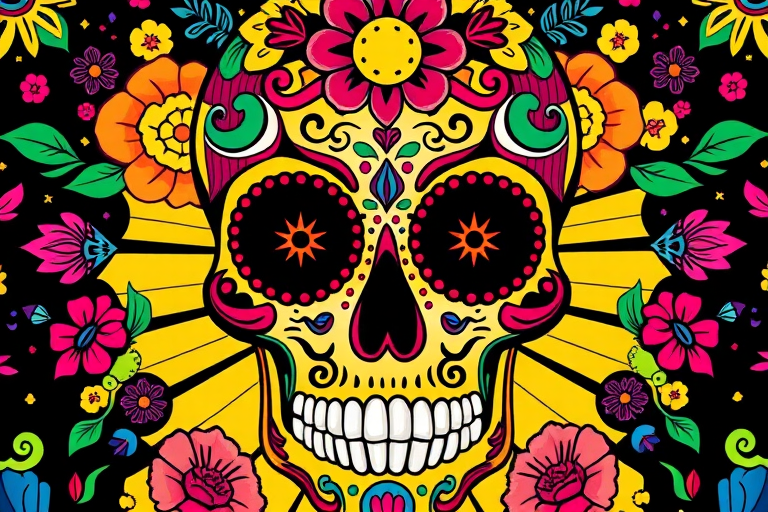 Create a vibrant, psychedelic sugar skull design with intricate floral patterns and bold colors, captured from a frontal view using a DSLR camera with a 50mm lens, aperture set to f/1.8, ISO 200, and a focus on high saturation and contrast for enhanced detail.