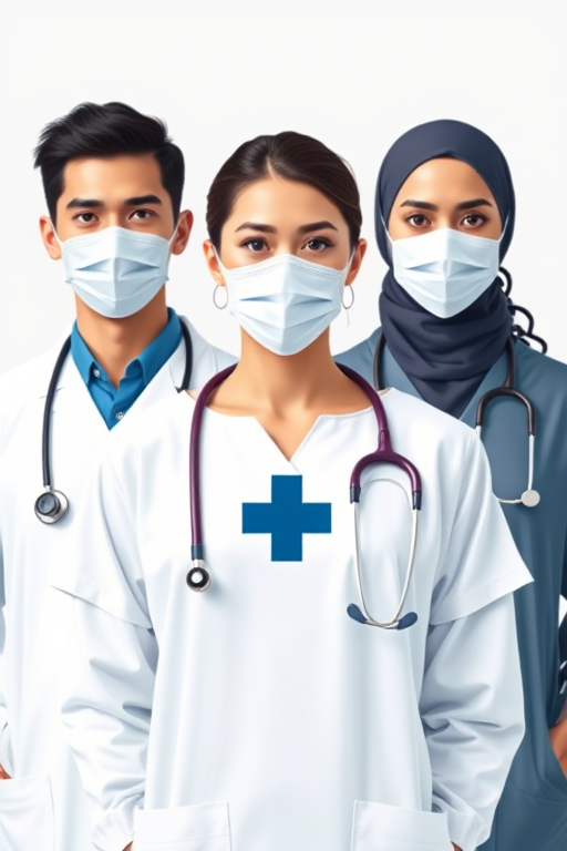 Create a vector-style image of three health professionals, with the central figure featuring a medical cross symbol, shot with a Canon EOS R5 at f/2.8, ISO 100, 24mm lens, using a minimalistic design approach and neutral background for clarity.