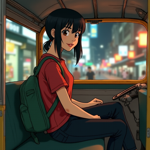 Cartoon Movie​ scene, a 18yr kindness grin Japanese woman,oval face , mullet medium long messy black side hair, wear a red shirt ,black jeans ,navy slip-on​,with green backpack, relax​ sitting on a seat in a thai tuk-tuk, tuk-tuk a silver metal roof that reflects light, There are blurred street lights and shops Chinatown Bangkok in the background.