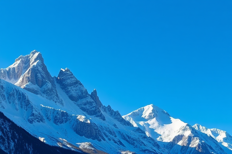 Capture a high-resolution image of towering snow-covered mountains under a clear blue sky, using a DSLR camera with a 24mm lens, aperture set to f/8, ISO 100, and a shutter speed of 1/200 sec, taken from a low angle to emphasize the peaks.