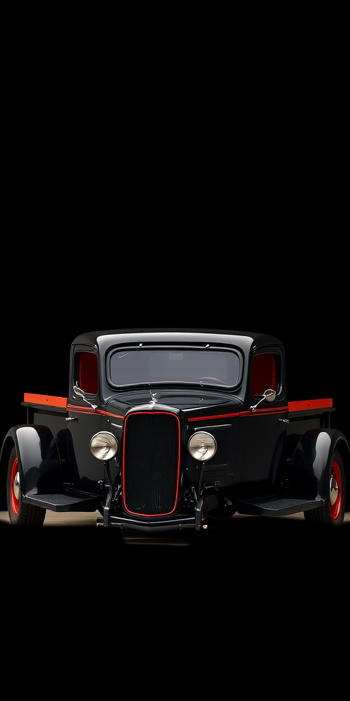 A classic 1934 black pickup truck with red accents in a dynamic angle, shot with a DSLR camera at f/2.8, ISO 100, 1/250 sec, in soft natural lighting against a simple black background to enhance details and colors, using a wide-angle lens for dramatic effect.