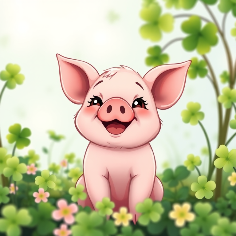 Create a cute cartoon-style image of a joyful piglet surrounded by clovers, using a soft-focus lens with an aperture of f/2.8 for shallow depth of field, a 50mm lens for a tight frame, and vibrant colors for a cheerful atmosphere.