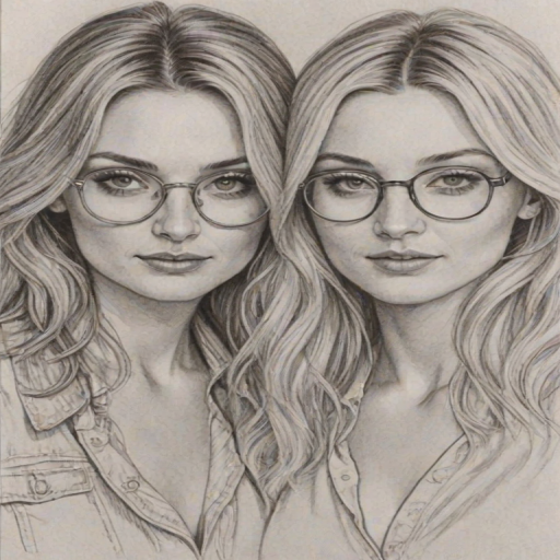 Enticing Aly & AJ, pencil sketch, portrait of Enticing woman 1977s in glasses, hair style beatnik, outline, clear lines, fine lines, 8k