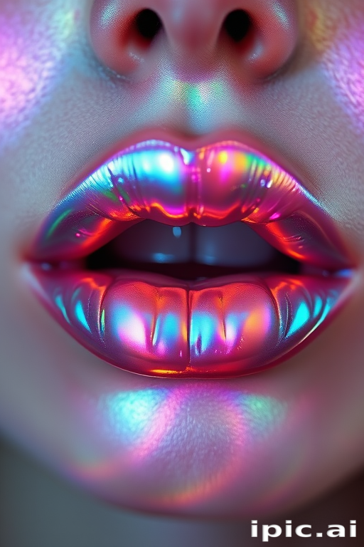 Ethereal holographic lips reflecting iridescent hues, shifting colors as light moves across them, creating a magical and otherworldly effect