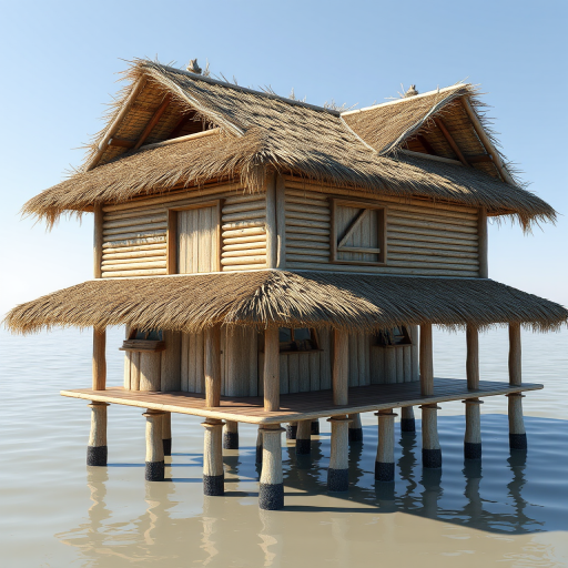 Generate a highly detailed 3D rendering of a traditional thatched-roof wooden house on stilts, using a DSLR camera with a 50mm lens, aperture set to f/2.8, ISO 100, in natural lighting for enhanced textures and vibrant colors.