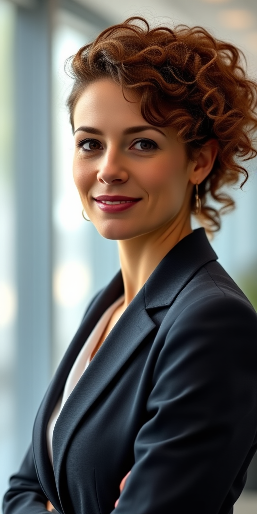 professional office portrait of a woman with curly brown hair wearing a tailored suit, natural light, blurred office background, 85mm f/1.8 lens, ISO 200, aperture f/2.8, shallow depth of field, Canon DSLR