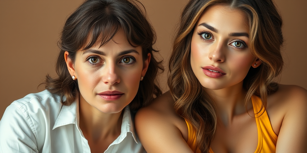 Generate a high-resolution digital painting of two women with expressive features, one in a white shirt and the other in a yellow tank top, sitting closely with a soft brown background, using a Canon EOS R5 camera, 50mm lens, aperture f/1.8, ISO 100, in natural lighting for enhanced detail and color vibrancy.
