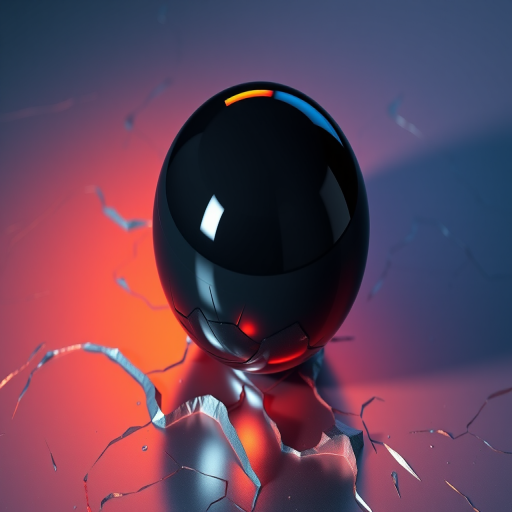 Generate a high-resolution 3D rendering of a black metallic sphere placed on a jagged, reflective surface with a blue and orange gradient lighting, using a Canon EOS R5 camera with a 50mm lens, aperture f/8, ISO 100, shutter speed 1/125s, wide-angle view for enhanced depth and detail.
