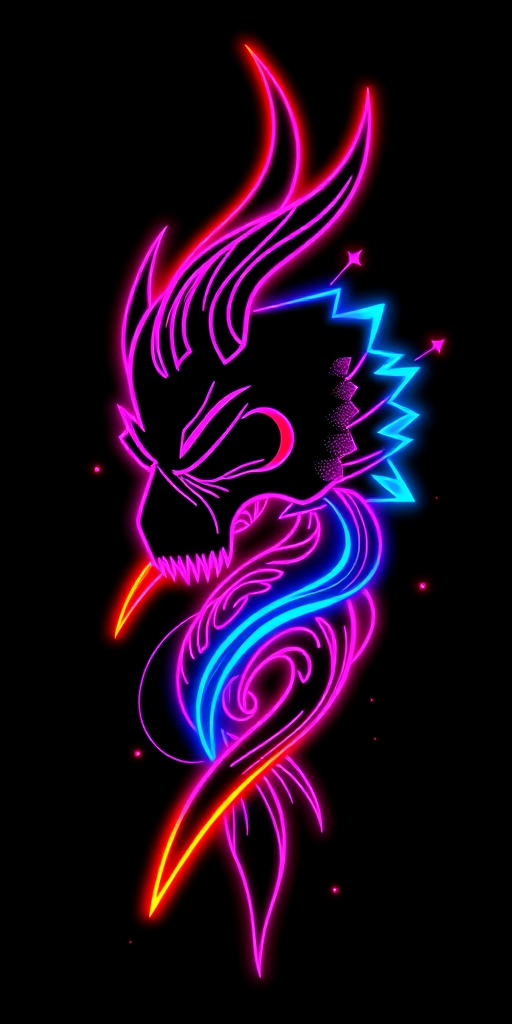 Striking "Neon Blackwork" tattoo style characterized by solid black shapes and heavy linework illuminated by strategic placement of vibrant neon colors, creating a bold and modern aesthetic that combines the timeless appeal of traditional blackwork with the eye-catching allure of contemporary neon signs, perfect for those who want a tattoo that stands out in both day and night