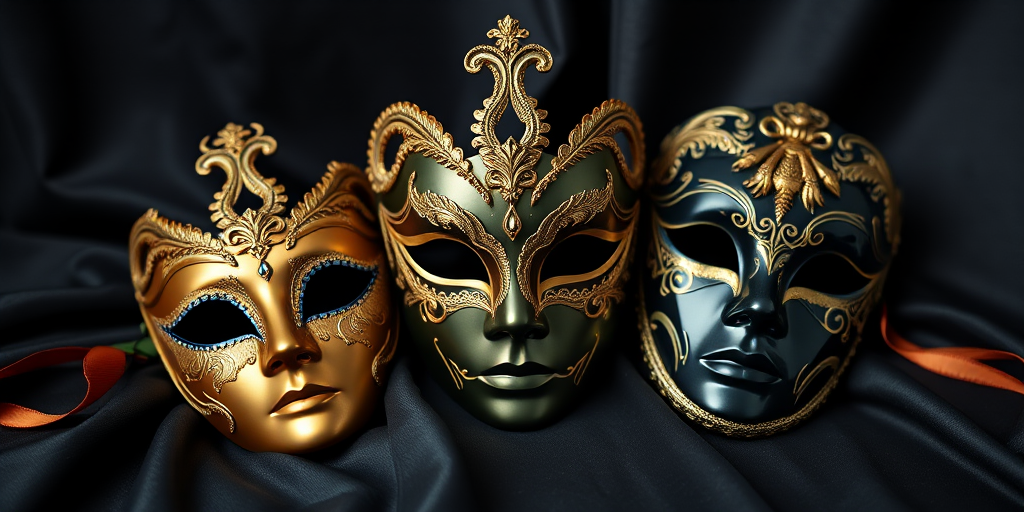 Create a still life image of three ornate golden and black masquerade masks arranged on a dark fabric background, using a DSLR camera with a 50mm lens, f/1.8 aperture, ISO 100, shot in natural light, with a shallow depth of field for enhanced detail and soft bokeh effect.
