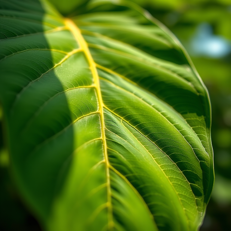 high-resolution photograph of a large green leaf with prominent veins in natural light, shot with a Canon EOS R5 at f/2.8, ISO 100, 50mm lens, shallow depth of field, macro view with soft bokeh background