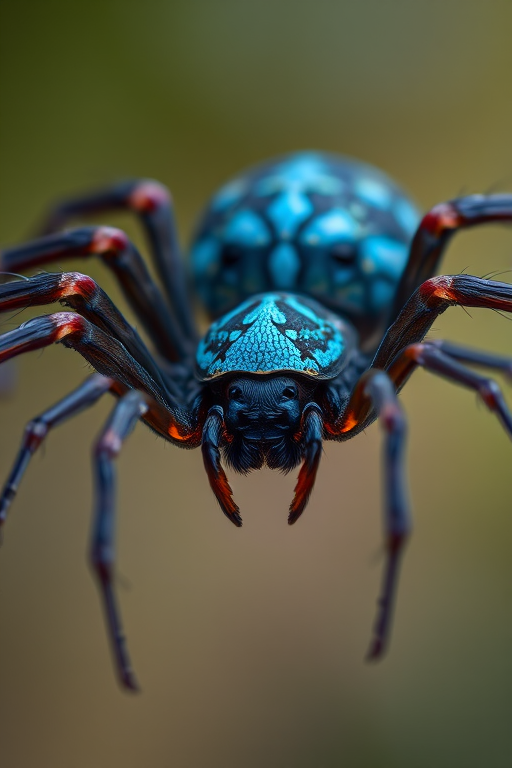 macro shot of a detailed, realistic stylized spider with a blue, textured body and intricate legs, taken with a DSLR camera at f/2.8 aperture, 100mm lens, ISO 200, soft-focus background, natural lighting