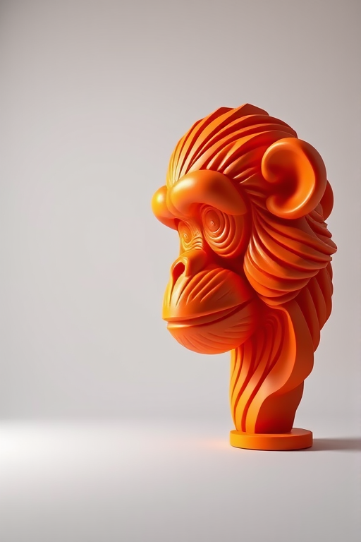 Create a high-resolution 3D render of a stylized monkey face sculpture in bright orange, using a Canon EOS R5 camera with an 85mm lens, aperture set to f/1.8, ISO 100, shot in a well-lit studio environment with soft backlighting to enhance depth and contrast.