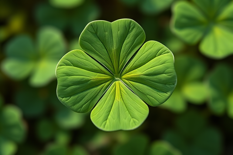 Create a highly detailed 3D rendering of a clover leaf, using a DSLR camera with a 50mm lens at f/2.8, ISO 100, and a shallow depth of field, shot in natural light from a top-down view.