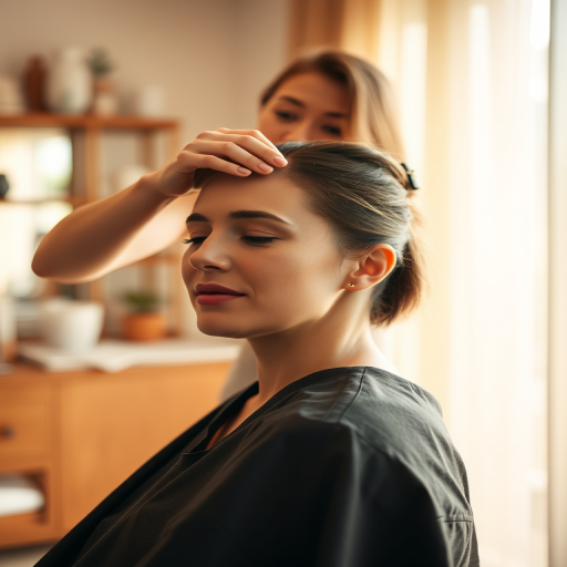 A woman receiving a hair treatment in a cozy setting with natural light, soft focus, warm tones, shallow depth of field, 50mm lens, f/1.8, ISO 200, 1/100s, captured with a DSLR camera.