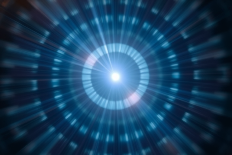 generate a high-resolution abstract image with a sharp, focused central light beam, using a Canon EOS R5 camera with a 50mm f/1.2 lens at f/8, ISO 100, and a shutter speed of 1/125 sec, capturing a symmetrical pattern with soft rays radiating outward in a circular motion, utilizing a macro perspective for detail enhancement.