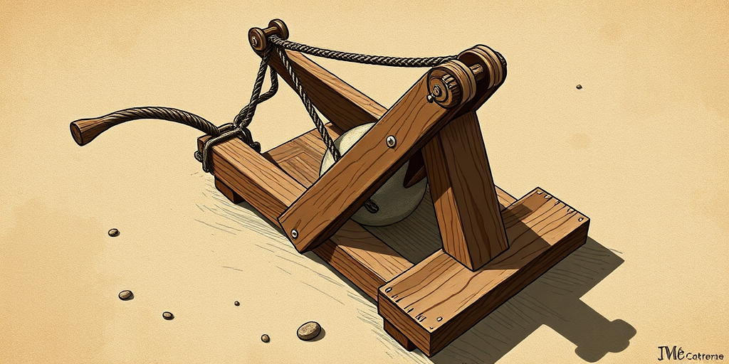 create a detailed illustration of a wooden catapult with a stone in the sling, showcasing a 3D perspective, using a DSLR camera with a 50mm lens, aperture f/2.8, ISO 100, and a slight top-down view to enhance depth and texture.
