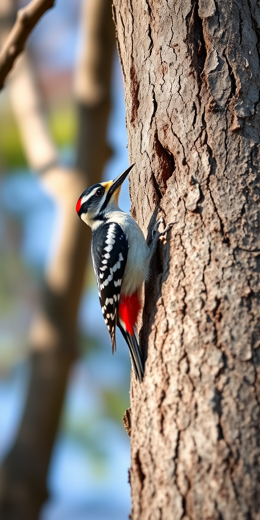 Capture a high-resolution image of a woodpecker on a tree trunk using a DSLR camera with a 300mm lens, aperture set to f/4, ISO 200, shutter speed 1/500 sec, at a slight angle from below for a dynamic perspective, in natural lighting to enhance colors and details.