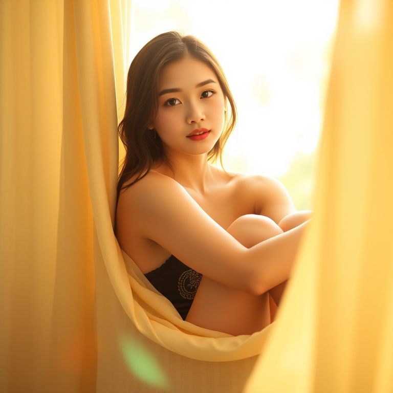 Portrait of a young woman sitting gracefully by a soft draped fabric in a sunlit room, warm yellow tones, shallow depth of field, ISO 200, f/2.8, 50mm lens, natural light, DSLR camera.