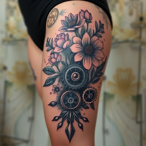 Surrealist body tattoo blending elements of nature and technology on the thigh, featuring biomechanical gears merging with organic flowers in a steampunk-inspired style