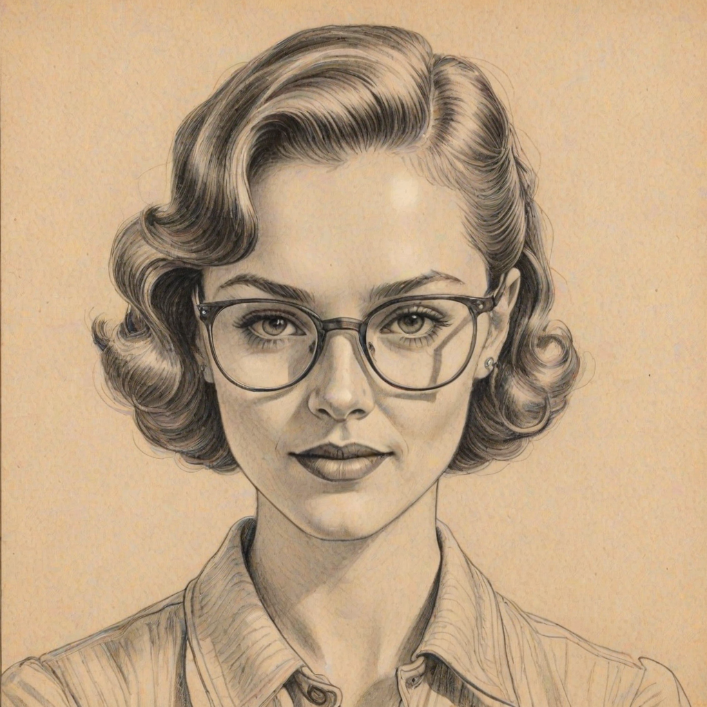 Wonderful Amiee Teegarden, pencil sketch, portrait of Fetching woman 1940s in glasses, hair style beatnik, outline, clear lines, fine lines, 8k