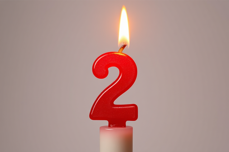 Create a vibrant digital illustration of a red number two candle with a flame, against a transparent background, using a Canon EOS R5 with a 50mm lens, f/1.8 aperture, 1/200 sec shutter speed, ISO 100, and a soft focus effect for an appealing look.