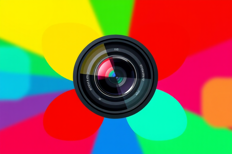 Create a vibrant and colorful logo featuring a camera lens at the center, surrounded by four heart shapes in yellow, red, green, and blue, with a depth of field effect, using a Canon EOS R5, f/2.8 aperture, ISO 100, and 50mm lens for sharpness and clarity.