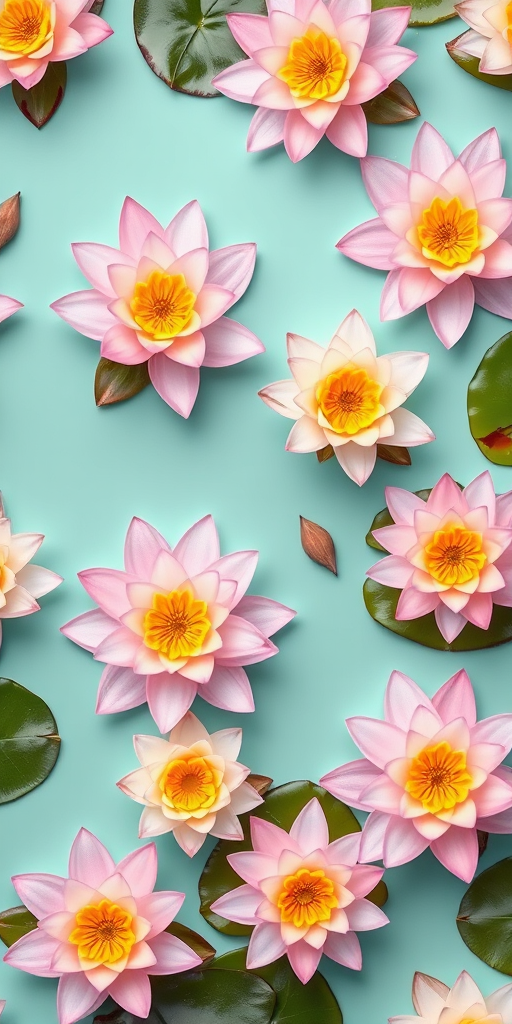 Create a seamless pattern of delicate water lilies on a light turquoise background, using a Canon EOS R6 camera with a 50mm f/1.8 lens, aperture set at f/4, ISO 100, and a soft focus style to enhance image quality.
