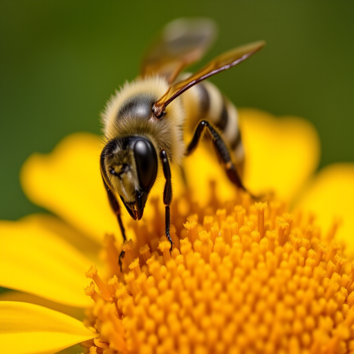 Close-up of a bee on a bright yellow flower, macro lens, f/2.8 aperture, ISO 100, 1/200 sec exposure, natural light, shallow depth of field, DSLR camera.