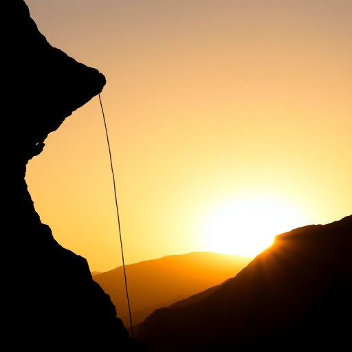 Create a high-resolution silhouette image of a climber scaling a steep rock face, shot from a low angle to emphasize the height, using a DSLR camera with a f/5.6 aperture, ISO 100, and a shutter speed of 1/200 sec for enhanced image quality.