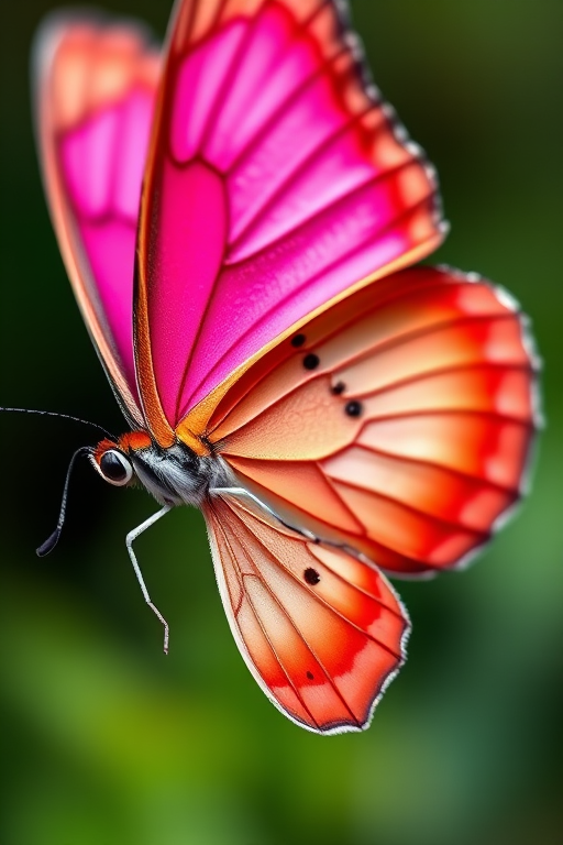 Create a vibrant illustration of a butterfly with one half in bright pink and the other half in soft coral, using a macro lens with a shallow depth of field, f-stop 2.8, ISO 100, and a natural light setting to enhance color contrast and detail.