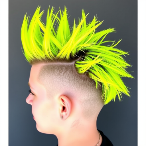 Electric Neon Buzz features a bold, asymmetrical undercut with vibrant yellow-green hair on top, styled in spiky tufts that seem to crackle with energy