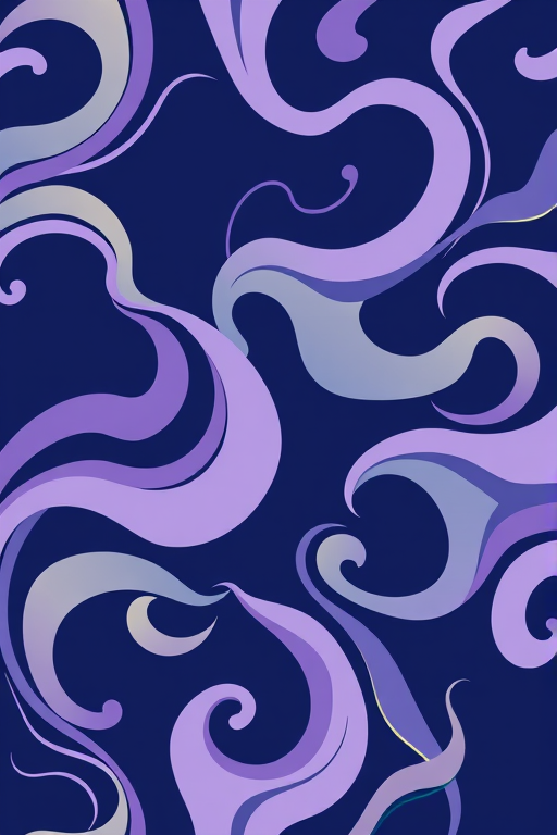 Generate an abstract pattern with flowing organic shapes in shades of light purple and green on a rich navy blue background, using a DSLR camera with a 50mm lens, f/2.8 aperture, ISO 100, and soft focus style to enhance image quality.