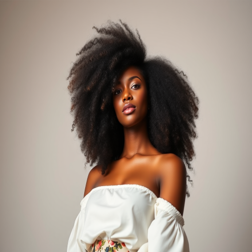 portrait of a woman with voluminous natural hair wearing a white off-shoulder blouse and floral skirt, soft focus background, studio lighting, 85mm lens, aperture f/1.8, ISO 100, low angle shot, high dynamic range imaging