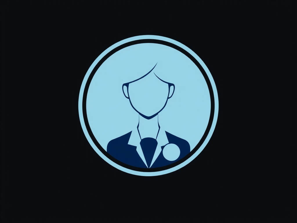 Create a minimalistic vector representation of a professional female figure with a round badge design, using a soft blue color palette, set against a black background, captured in digital art style with a resolution suitable for high-quality print.