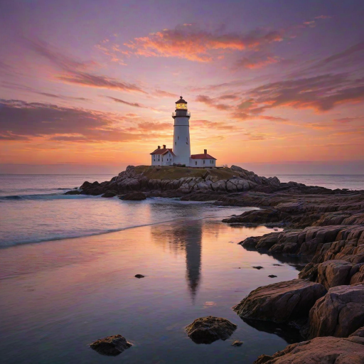 Generate an image of a tall lighthouse perched on a rocky outcrop surrounded by calm ocean waters during a breathtaking sunset. The lighthouse stands sturdy and weathered, its stone surface illuminated by the warm golden light of the setting sun. The sun's rays pass directly through the glass lantern room at the top of the lighthouse, casting a brilliant light across the scene. The sky is painted with vibrant shades of orange, pink, and purple, reflecting off the tranquil sea. The surrounding water shimmers with the same warm hues, creating a serene and majestic atmosphere.