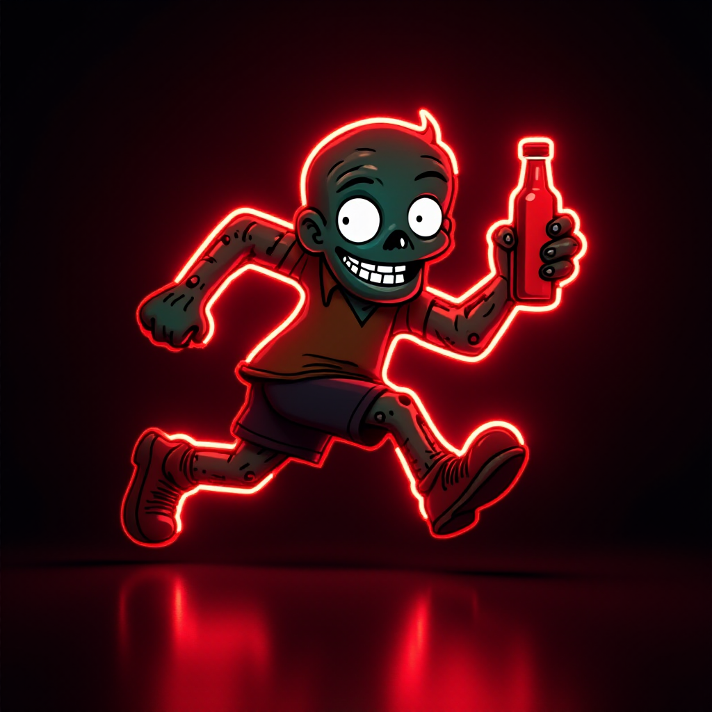 Create an image of a neon sign featuring a cartoon-style zombie in a dynamic pose, holding a bottle. The neon sign should glow in red against a dark background, making the character stand out prominently. The character should appear to be running, capturing attention with its vibrant color and action pose, perfect for advertising or decorative purposes.